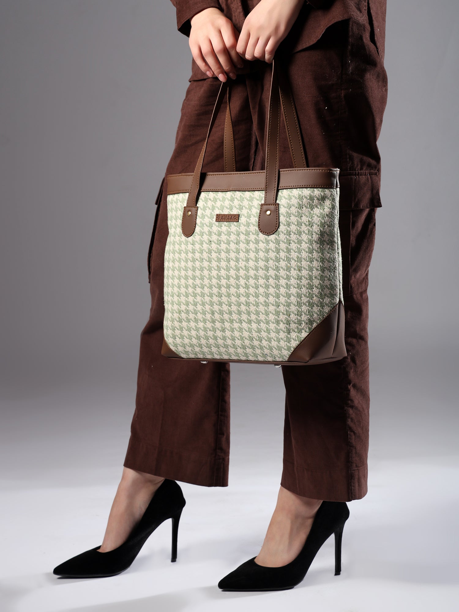 Ensac Jacquard Fabric Tote Bag | Diamond Pattern, Easy to Carry & Spacious Design TOTE-HOUNDSTOOTH-BROWN-1