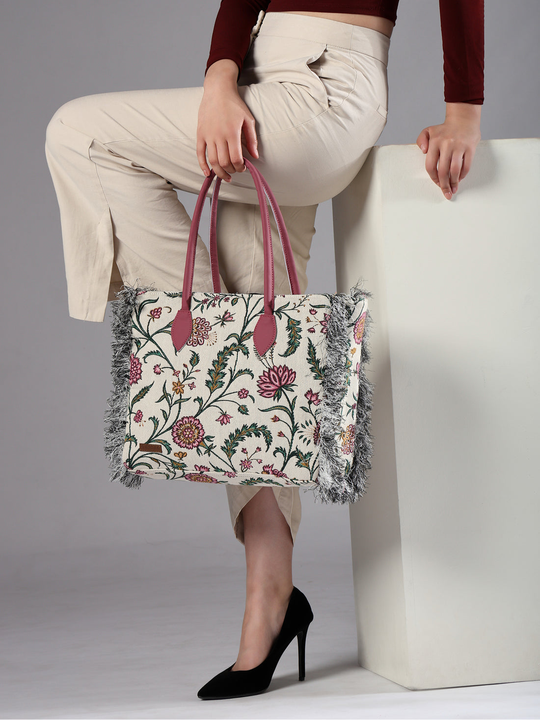 ENSAC 100% Cotton Jacquard Pink Tote for women