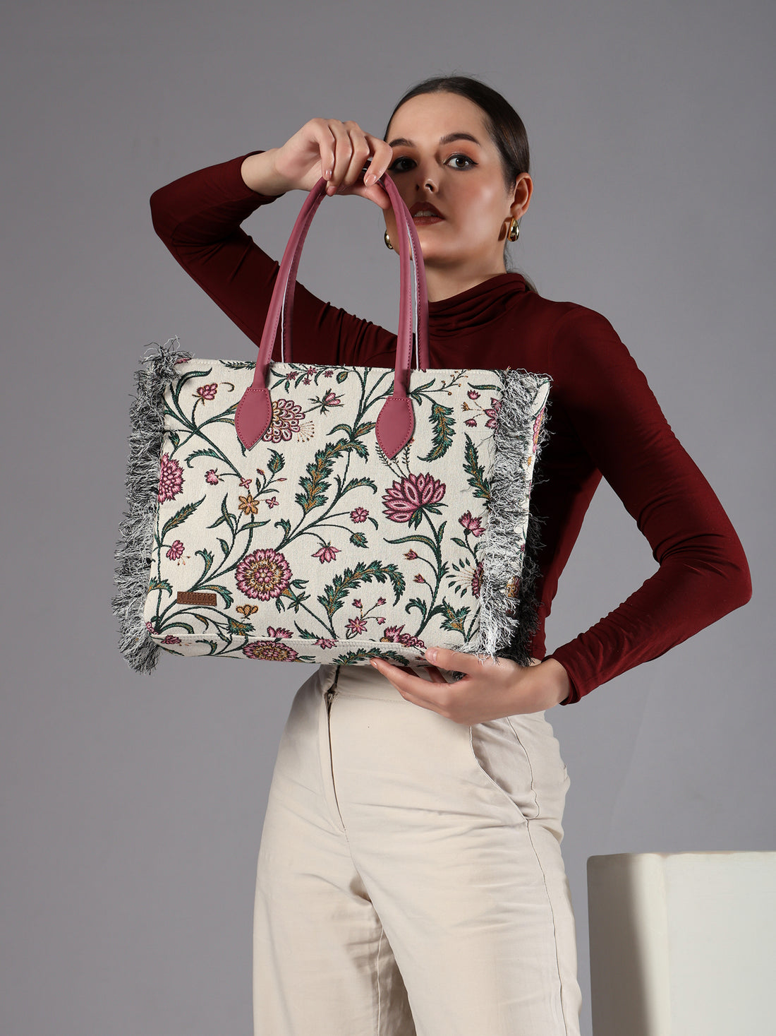 ENSAC 100% Cotton Jacquard Pink Tote for women