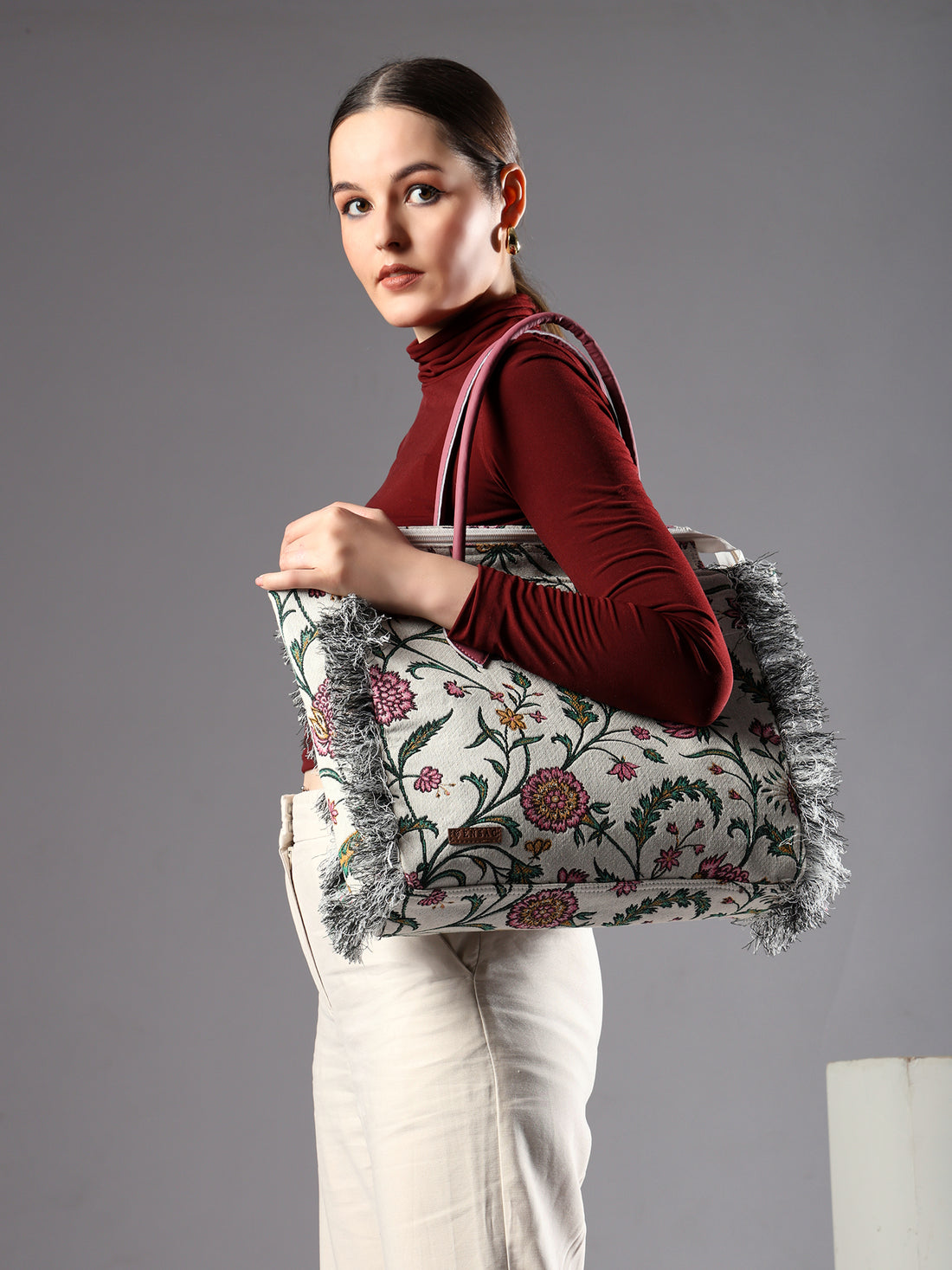 ENSAC 100% Cotton Jacquard Pink Tote for women