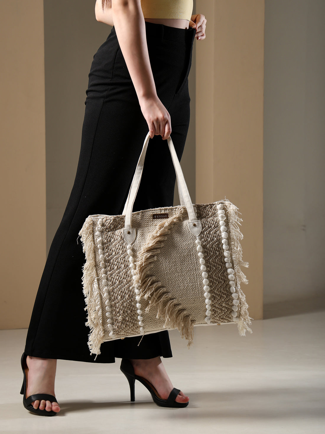 Ensac Women’s Premium Jacquard Fabric Bag | Easy to Carry & Everyday Use TOTE-C-BRNWHT-1