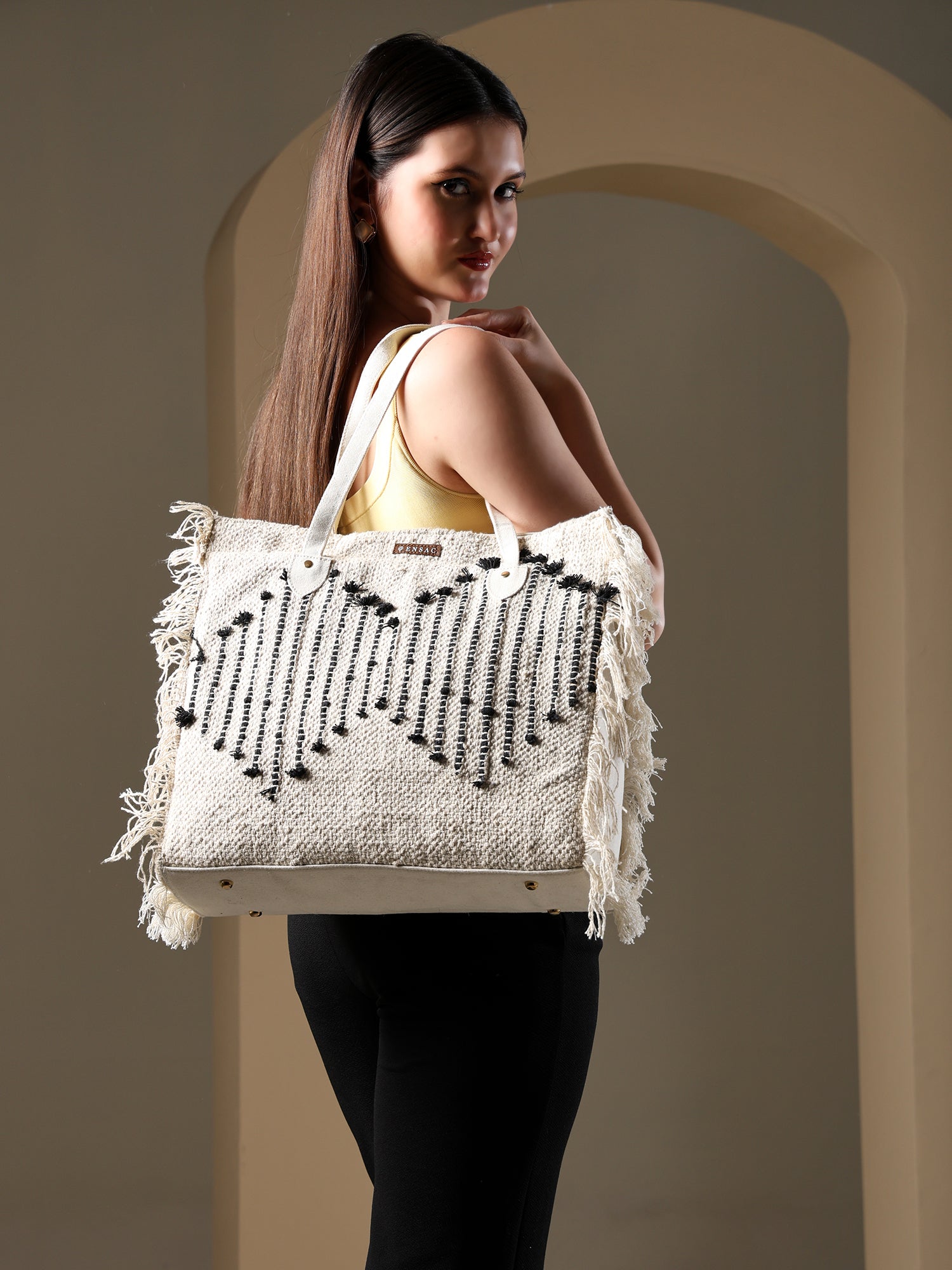 Ensac Women’s Premium Jacquard Fabric Bag | Easy to Carry & Everyday Use TOTE-HEXAGON-BLK-1