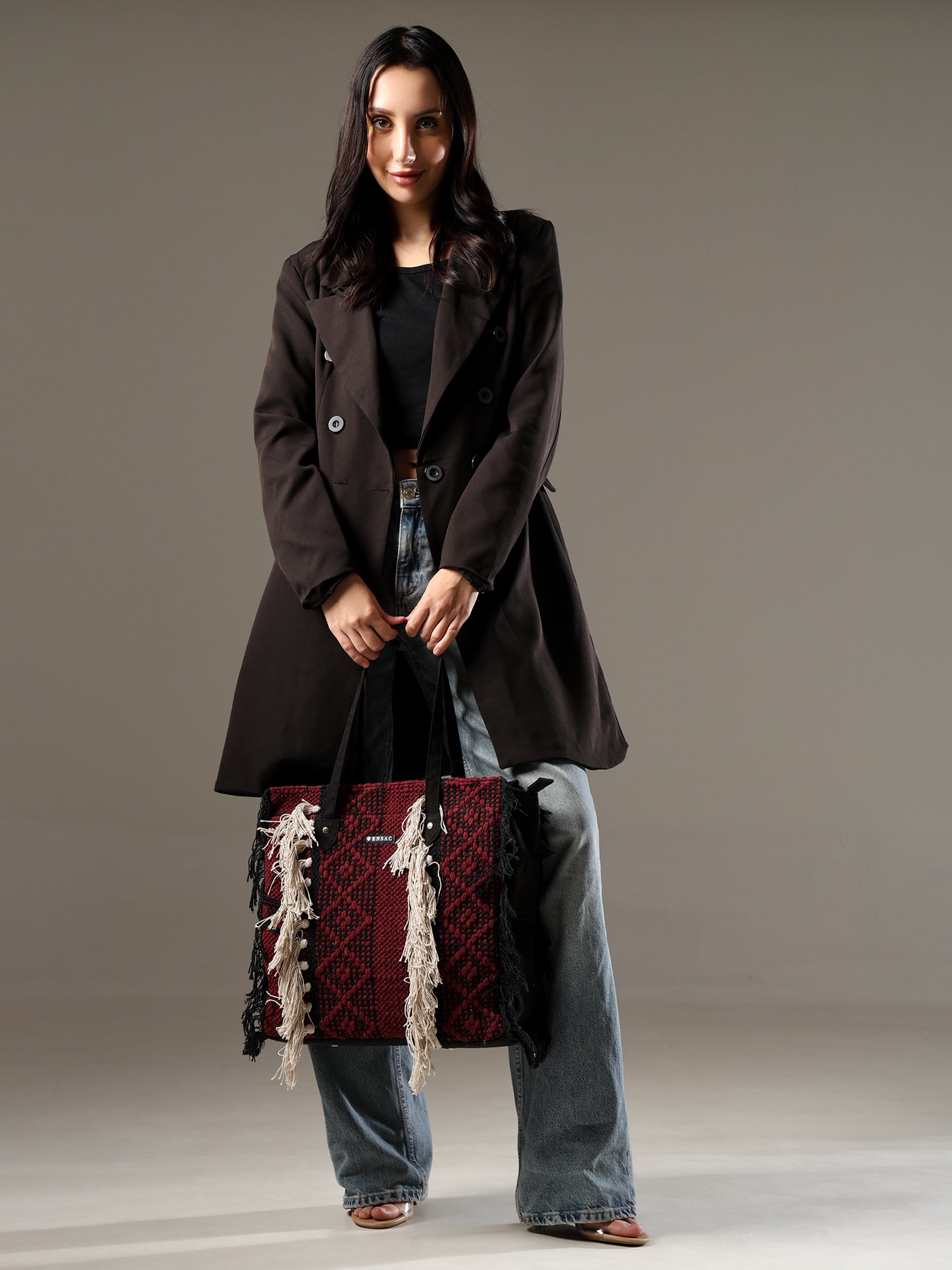 Ensac Fringed Tote Bag for Women | Stylish Ethnic Shoulder Handbag for Daily Use