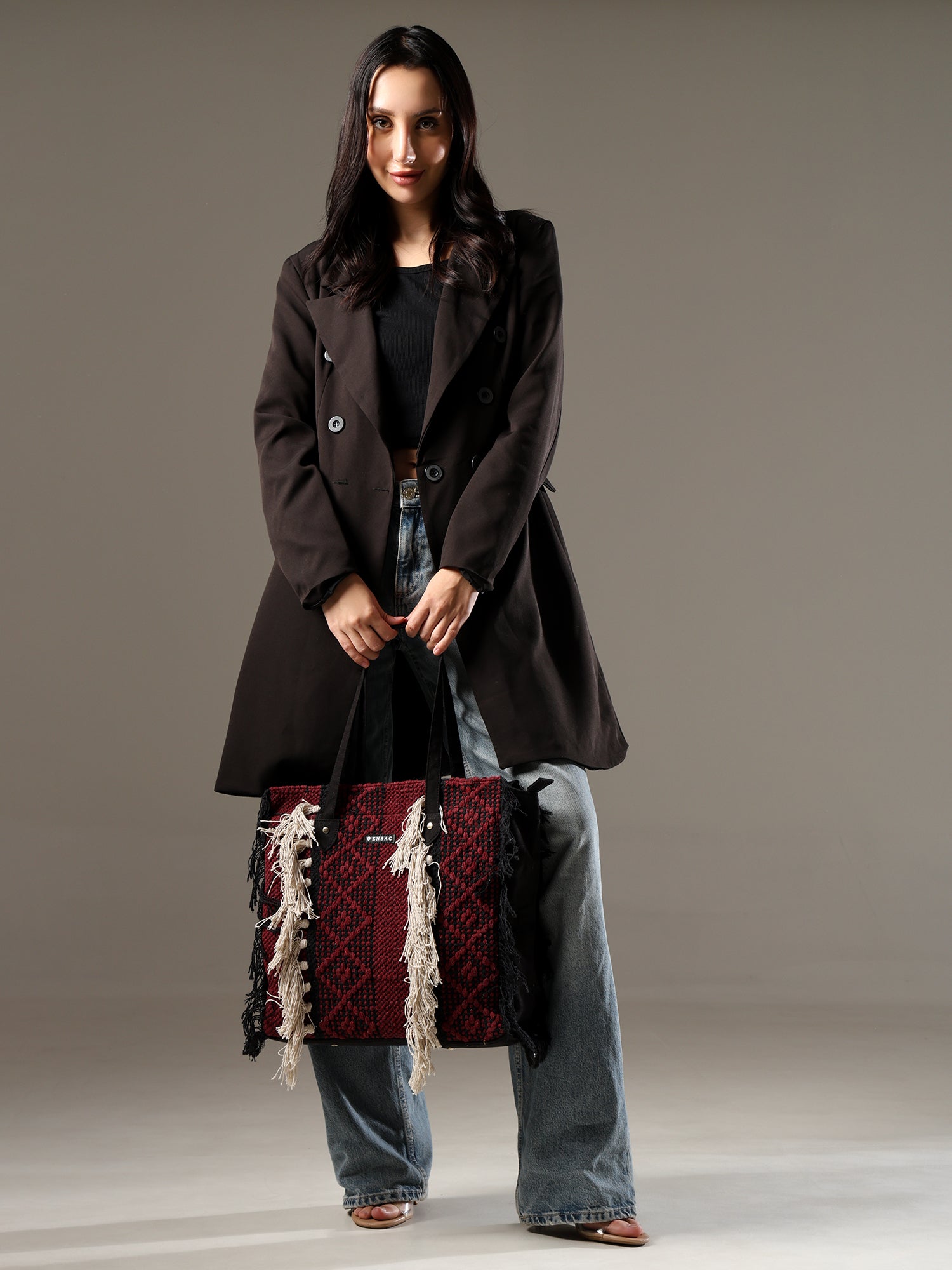 Ensac Fringed Tote Bag for Women | Stylish Ethnic Shoulder Handbag for Daily Use