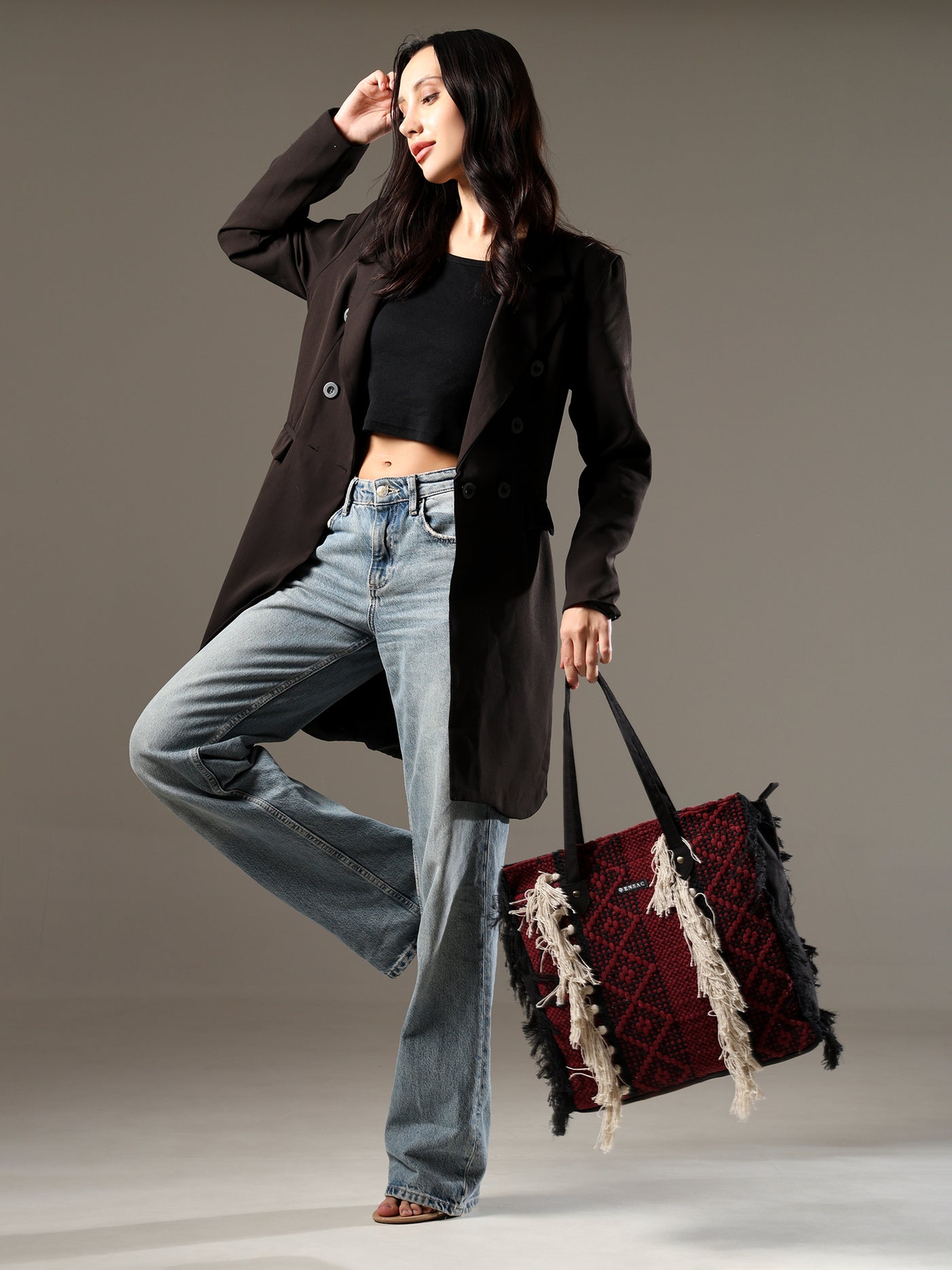 Ensac Fringed Tote Bag for Women | Stylish Ethnic Shoulder Handbag for Daily Use