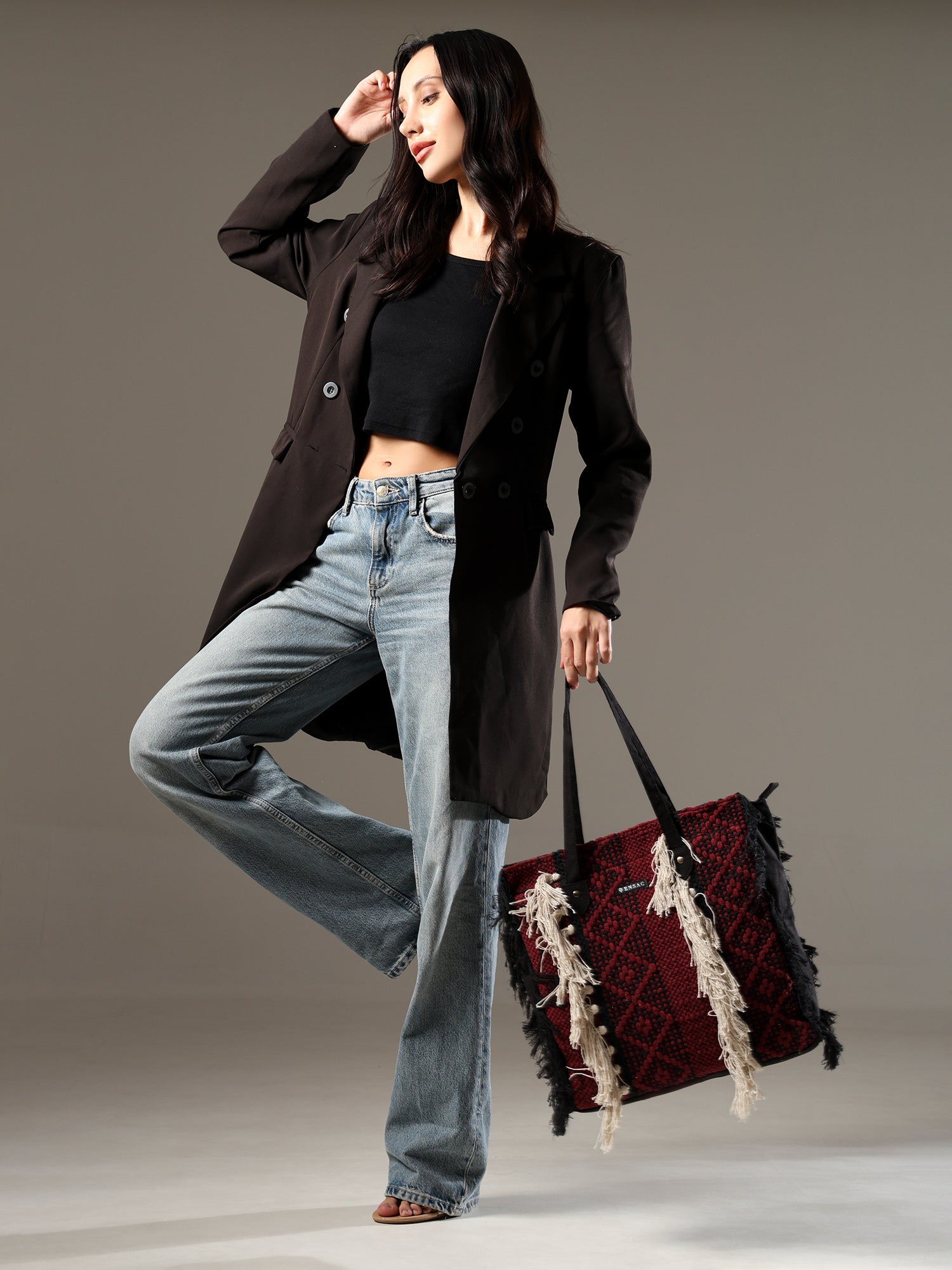 Ensac Fringed Tote Bag for Women | Stylish Ethnic Shoulder Handbag for Daily Use