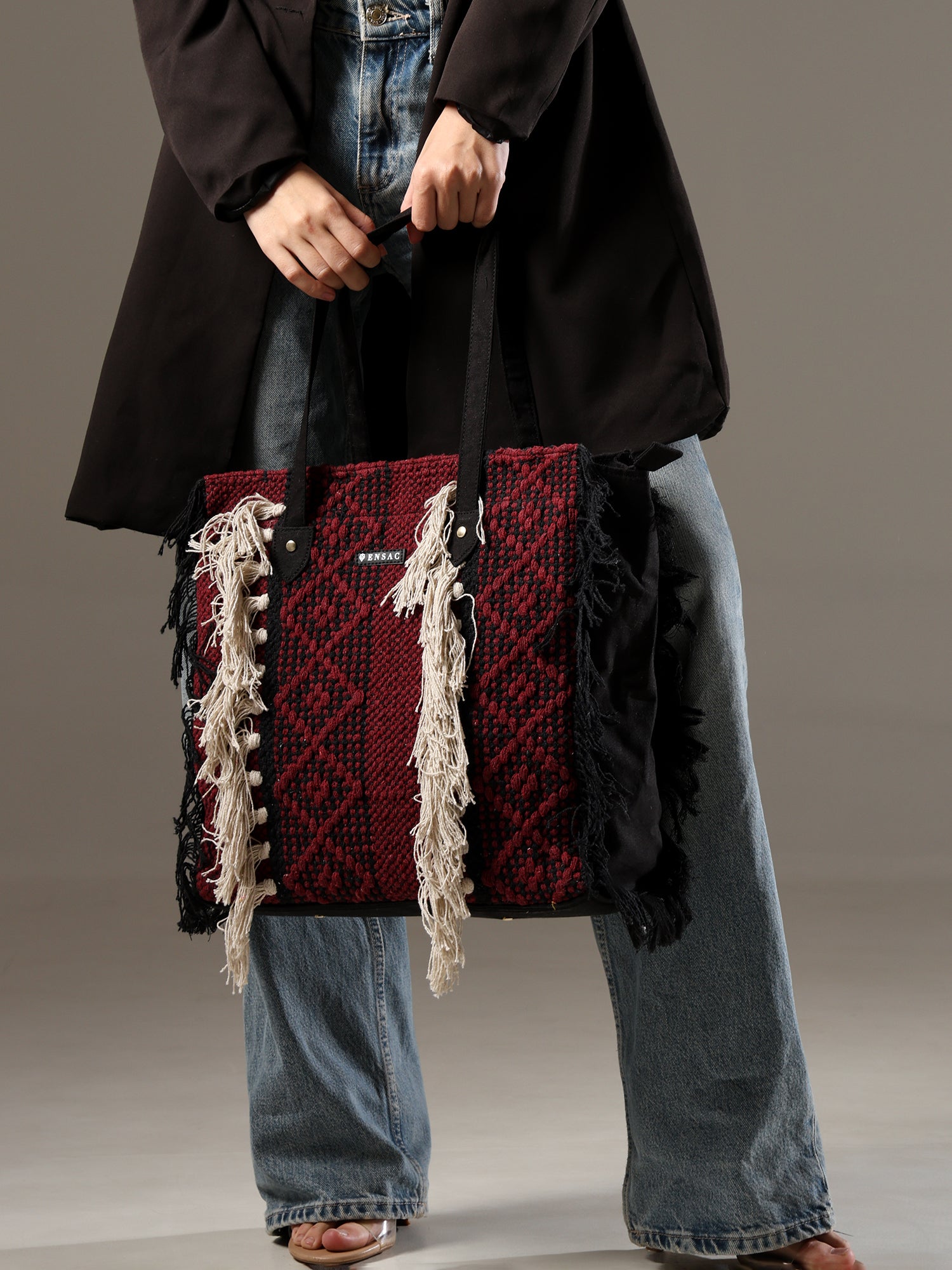Ensac Fringed Tote Bag for Women | Stylish Ethnic Shoulder Handbag for Daily Use