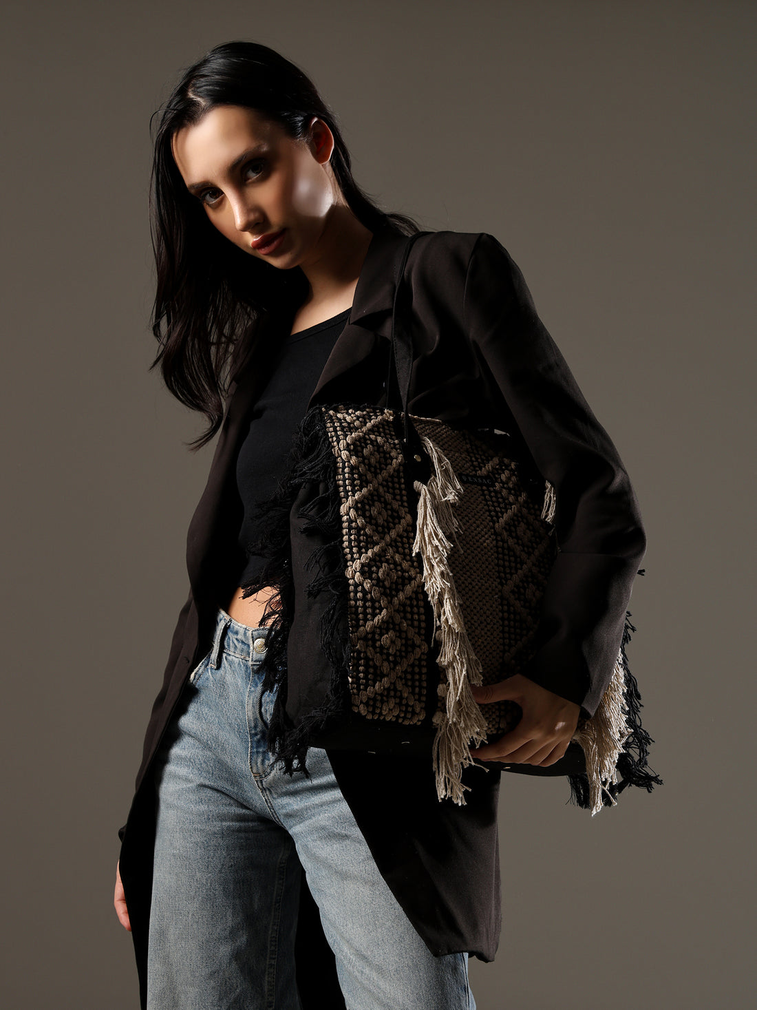 Ensac Fringed Tote Bag for Women | Stylish Ethnic Shoulder Handbag for Daily Use