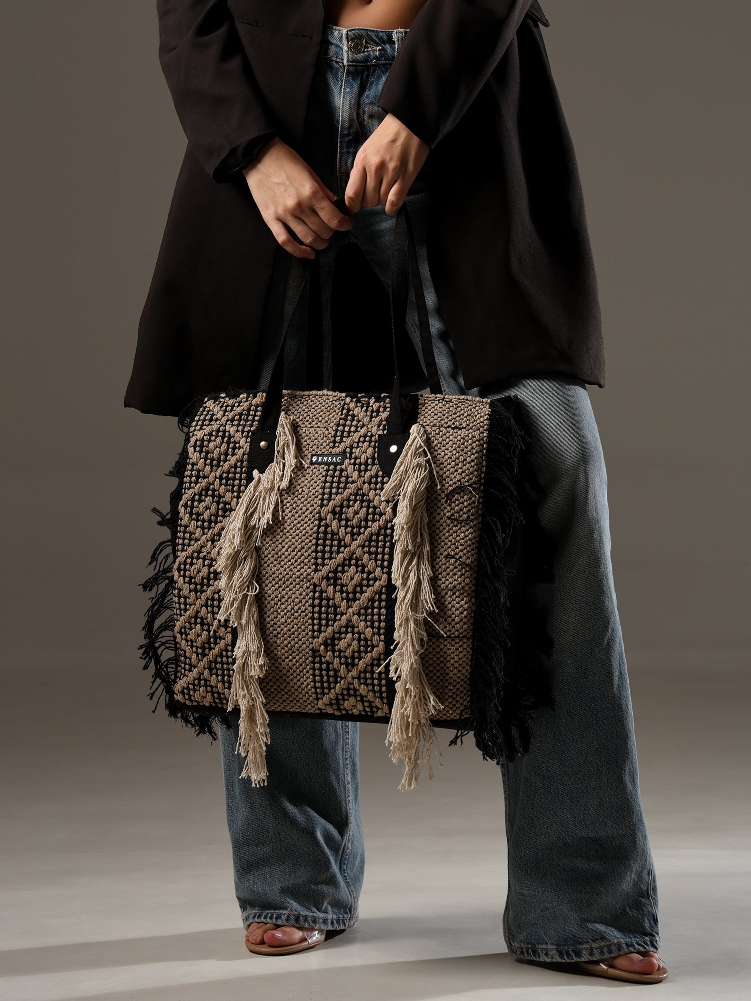 Ensac Fringed Tote Bag for Women | Stylish Ethnic Shoulder Handbag for Daily Use