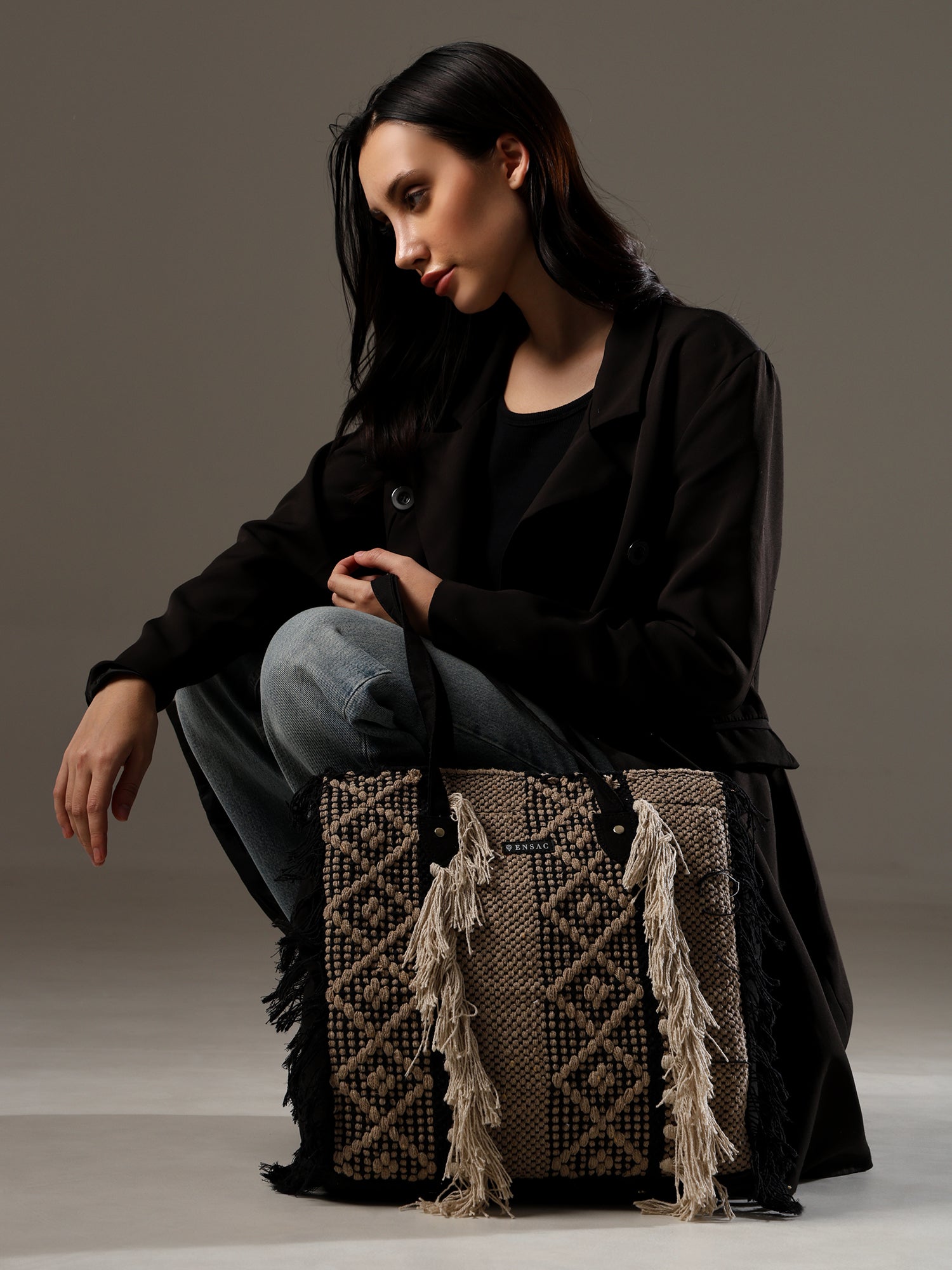 Ensac Fringed Tote Bag for Women | Stylish Ethnic Shoulder Handbag for Daily Use
