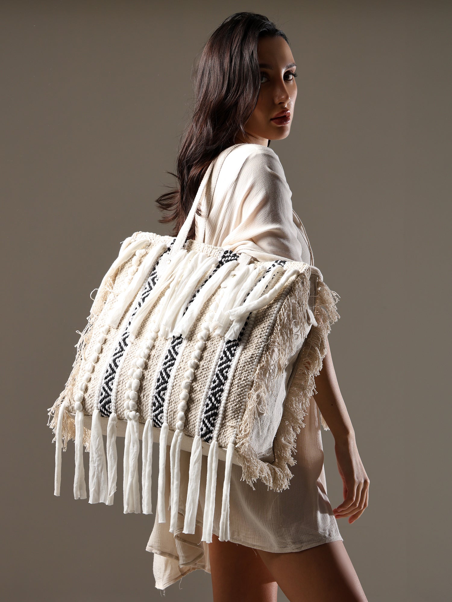 Ensac Fringed Tote Bag for Women | Stylish Ethnic Shoulder Handbag for Daily Use