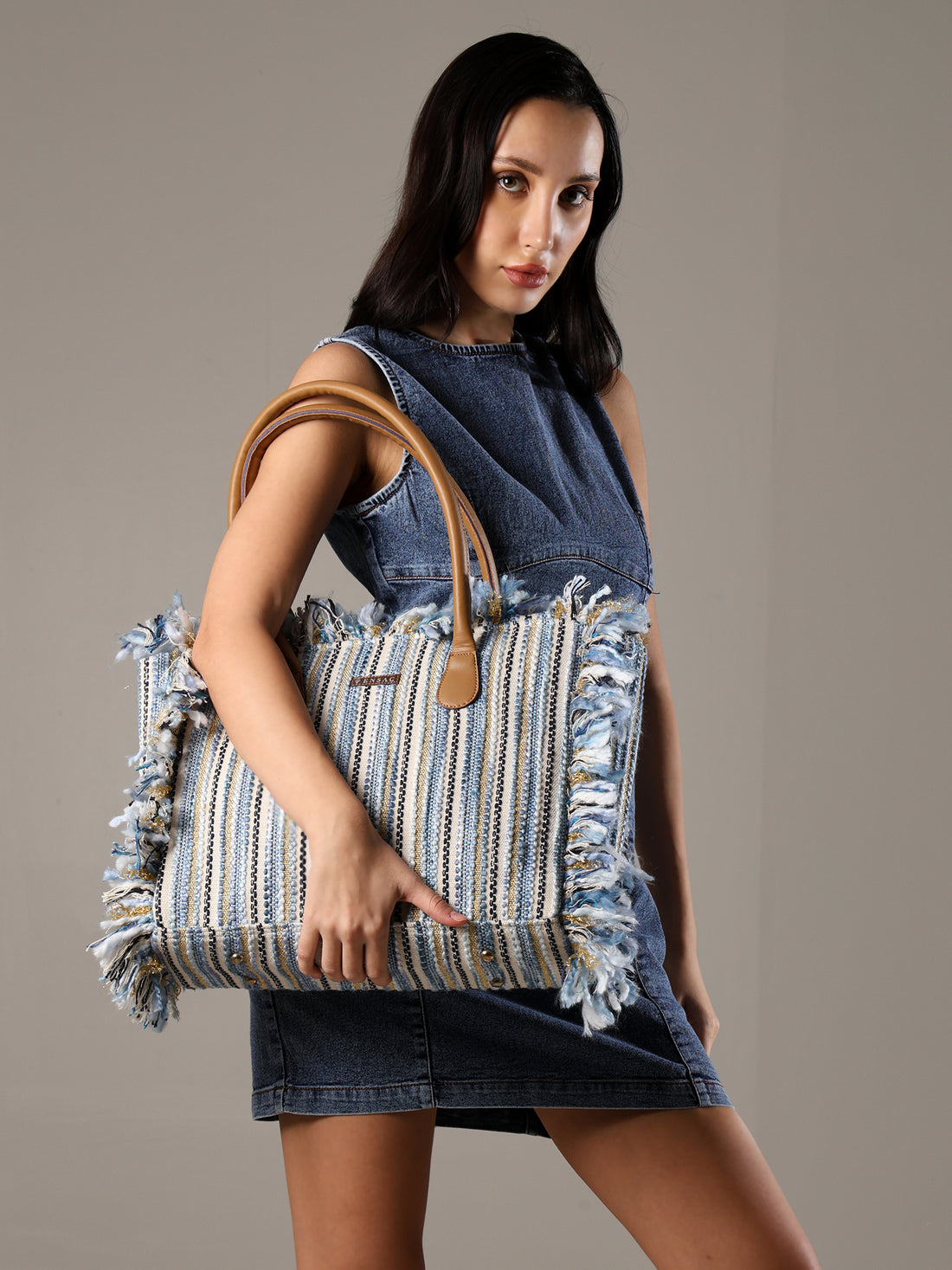 Ensac Striped Fringe Women Tote Bag | Spacious Style Shoulder Bag for Daily Use