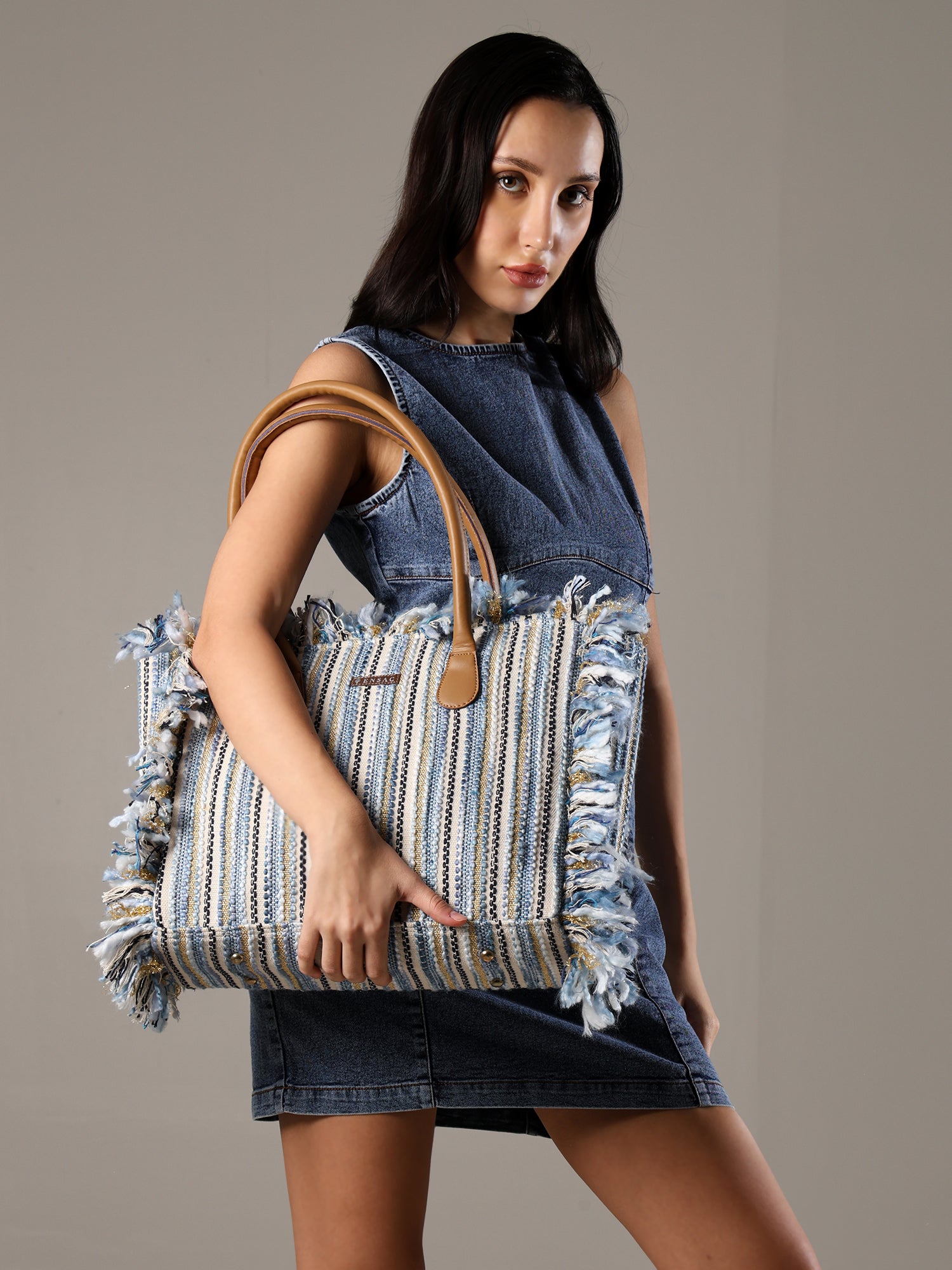 Ensac Striped Fringe Women Tote Bag | Spacious Style Shoulder Bag for Daily Use