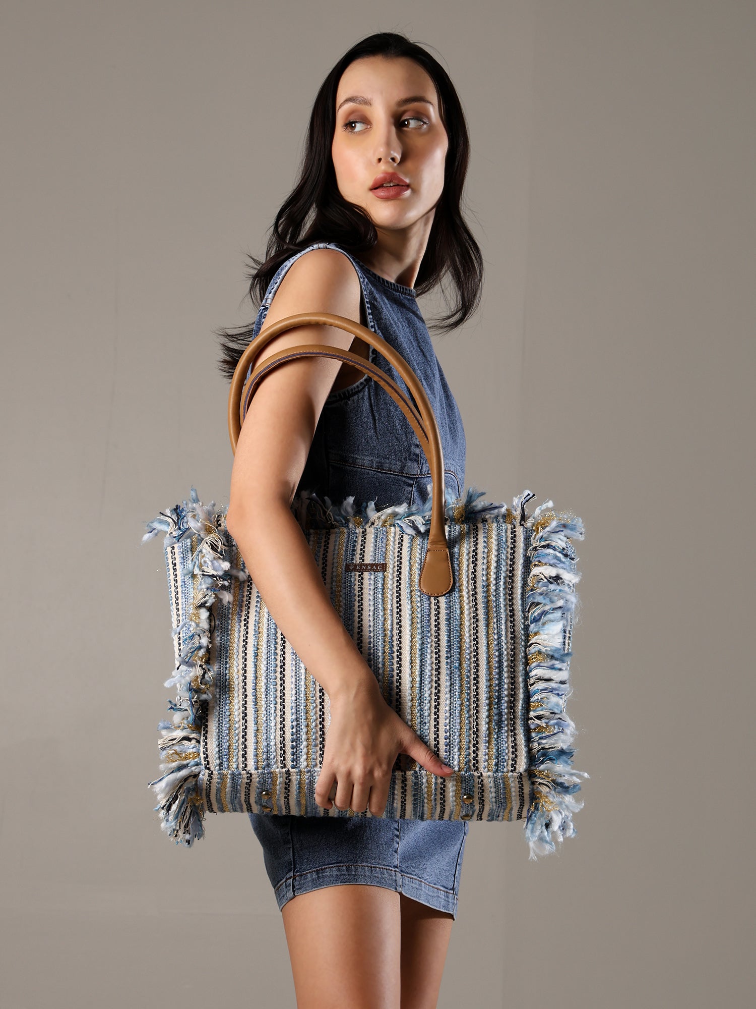Ensac Striped Fringe Women Tote Bag | Spacious Style Shoulder Bag for Daily Use