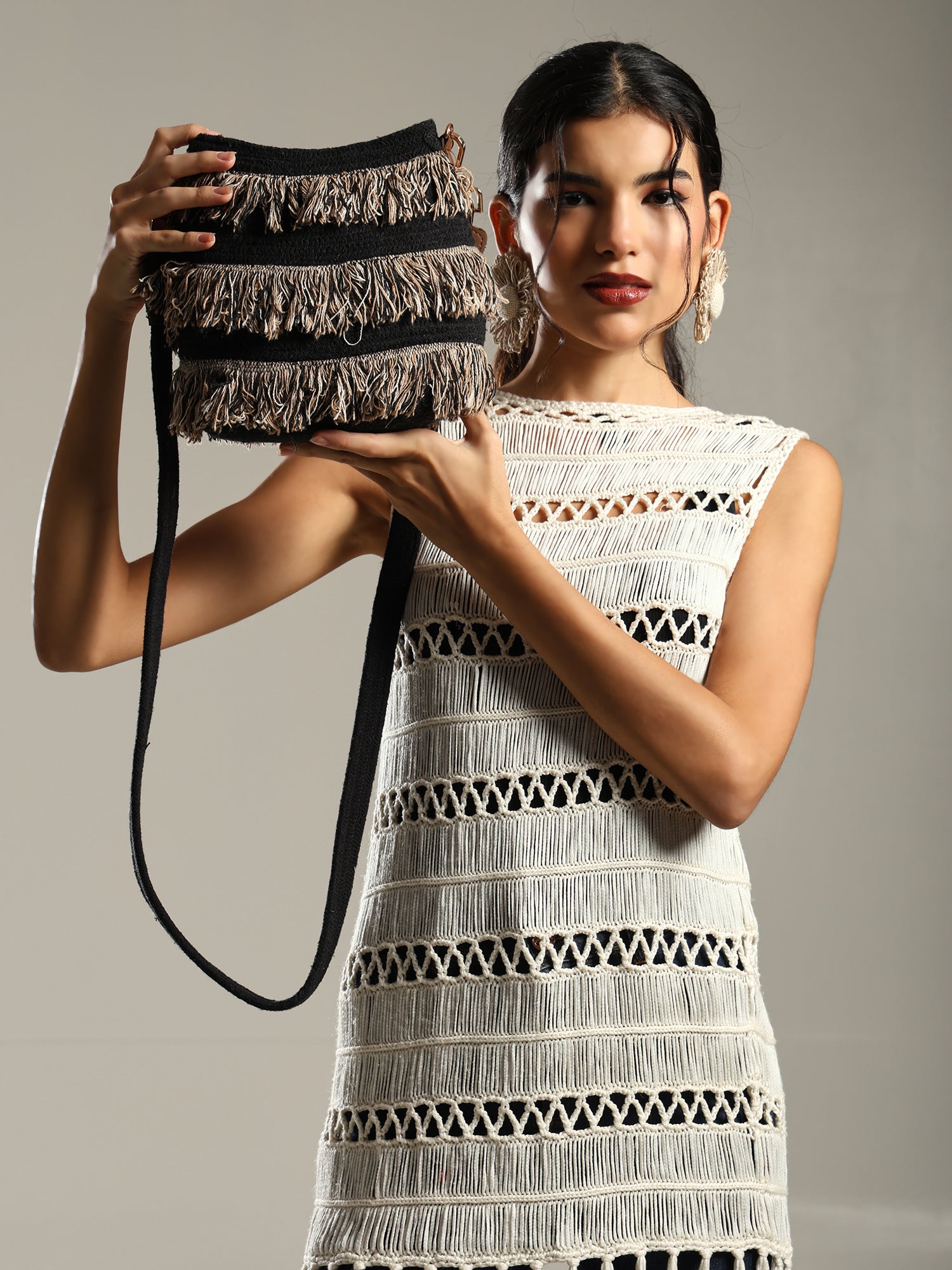 ENSAC Women’s Crochet Style Sling Bag | Handmade Round Bag with Artistic Floral Embroidery (Copy)