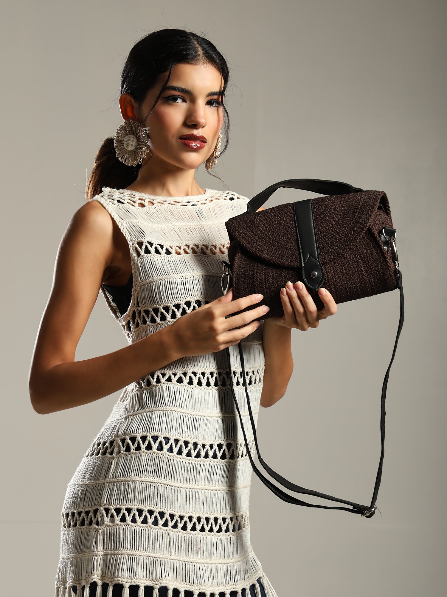 ENSAC Women’s Crochet Style Sling Bag | Handmade Round Bag with Artistic Floral Embroidery (Copy)