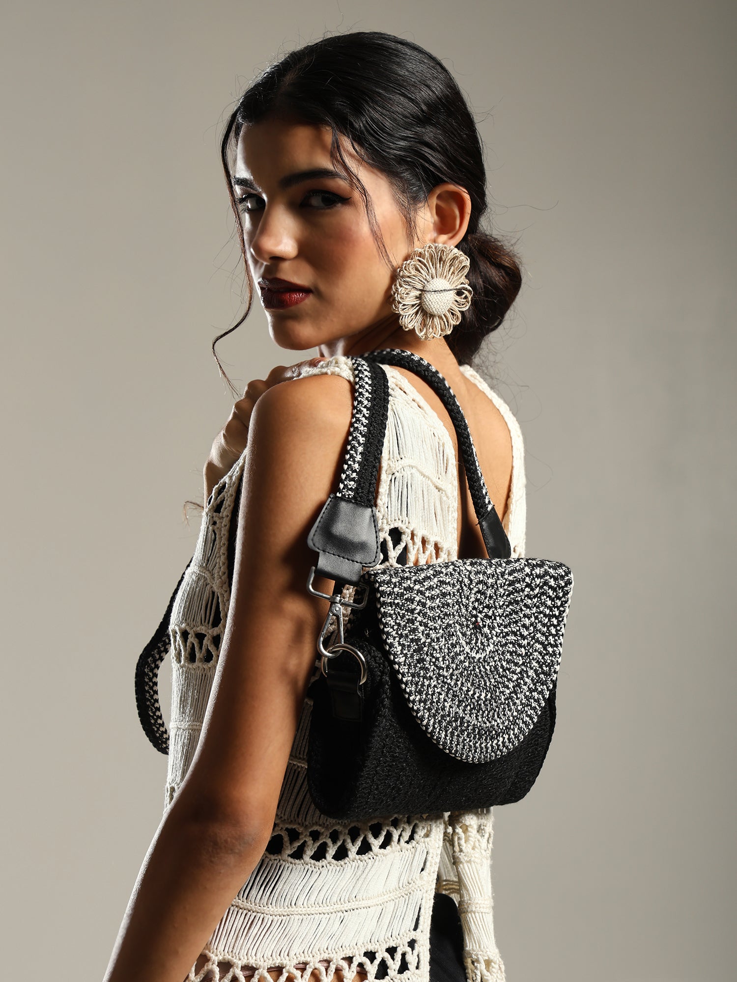 ENSAC Women’s Crochet Style Sling Bag | Handmade Round Bag with Artistic Floral Embroidery