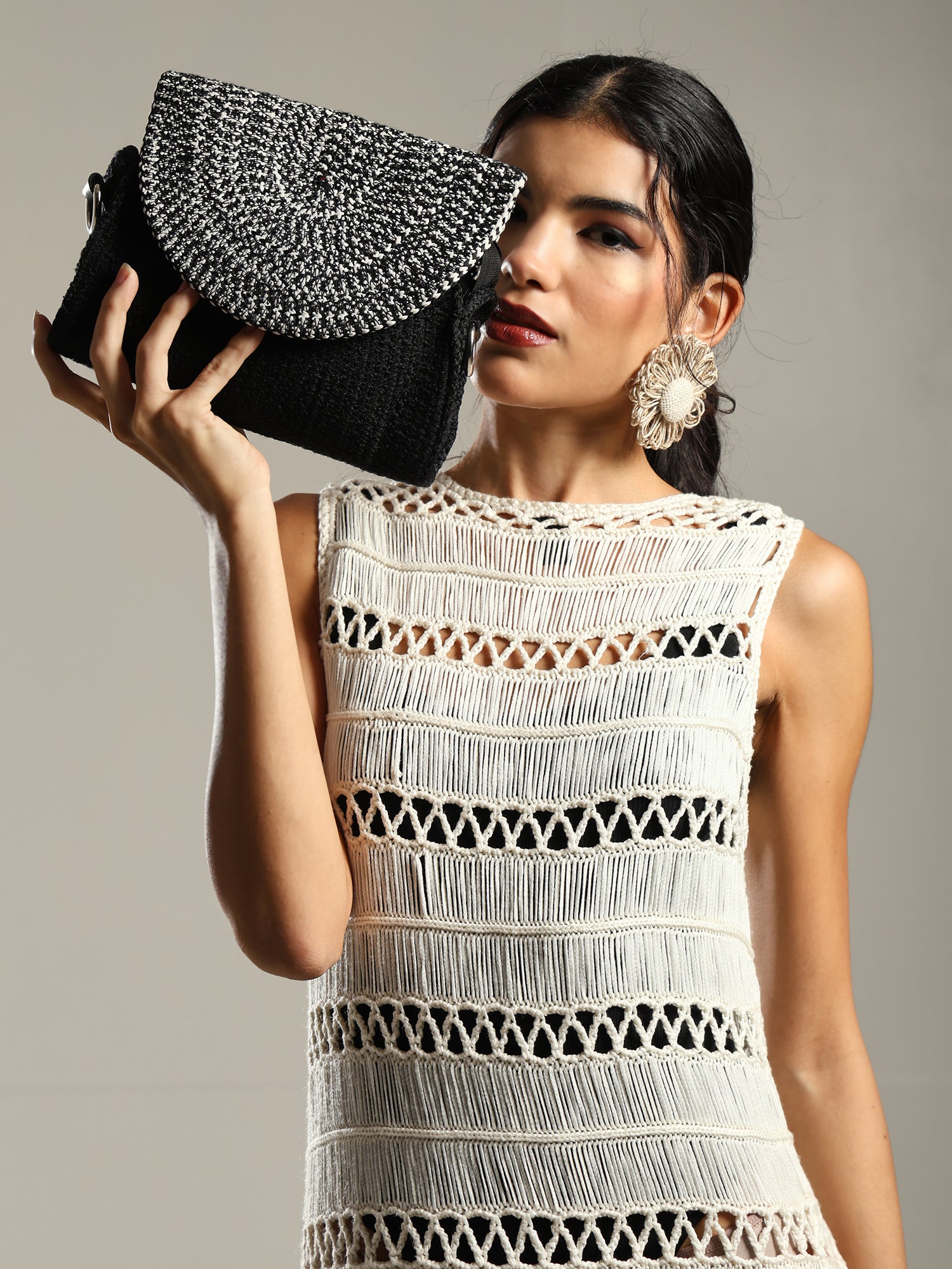 ENSAC Women’s Crochet Style Sling Bag | Handmade Round Bag with Artistic Floral Embroidery
