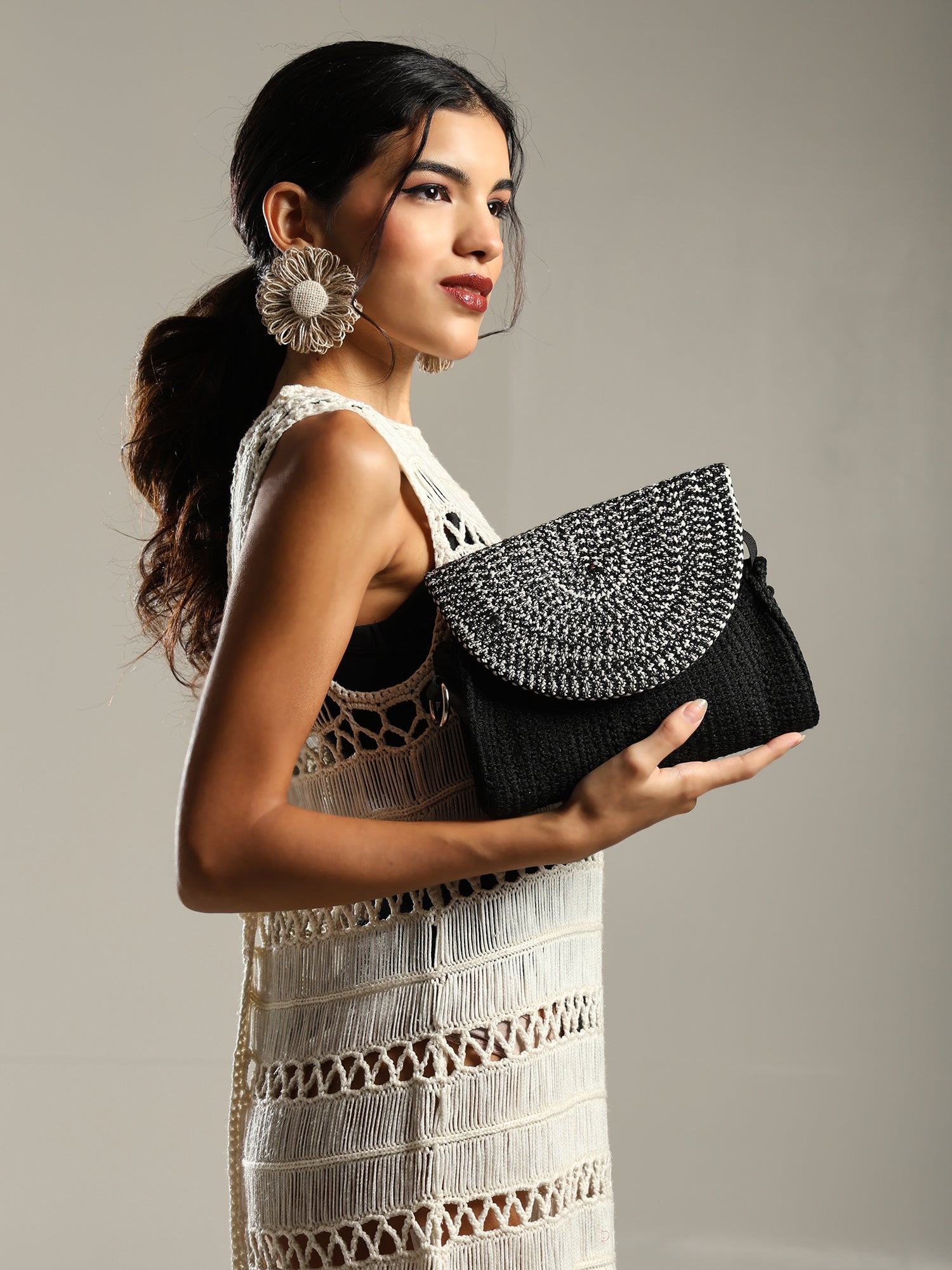 ENSAC Women’s Crochet Style Sling Bag | Handmade Round Bag with Artistic Floral Embroidery