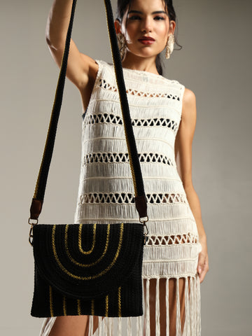 ENSAC Women’s Crochet Style Sling Bag | Handmade Round Bag with Artistic Floral Embroidery (Copy)