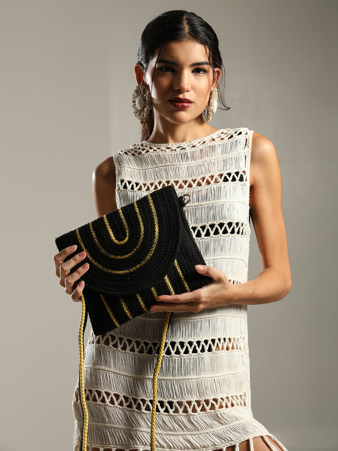 ENSAC Women’s Crochet Style Sling Bag | Handmade Round Bag with Artistic Floral Embroidery (Copy)