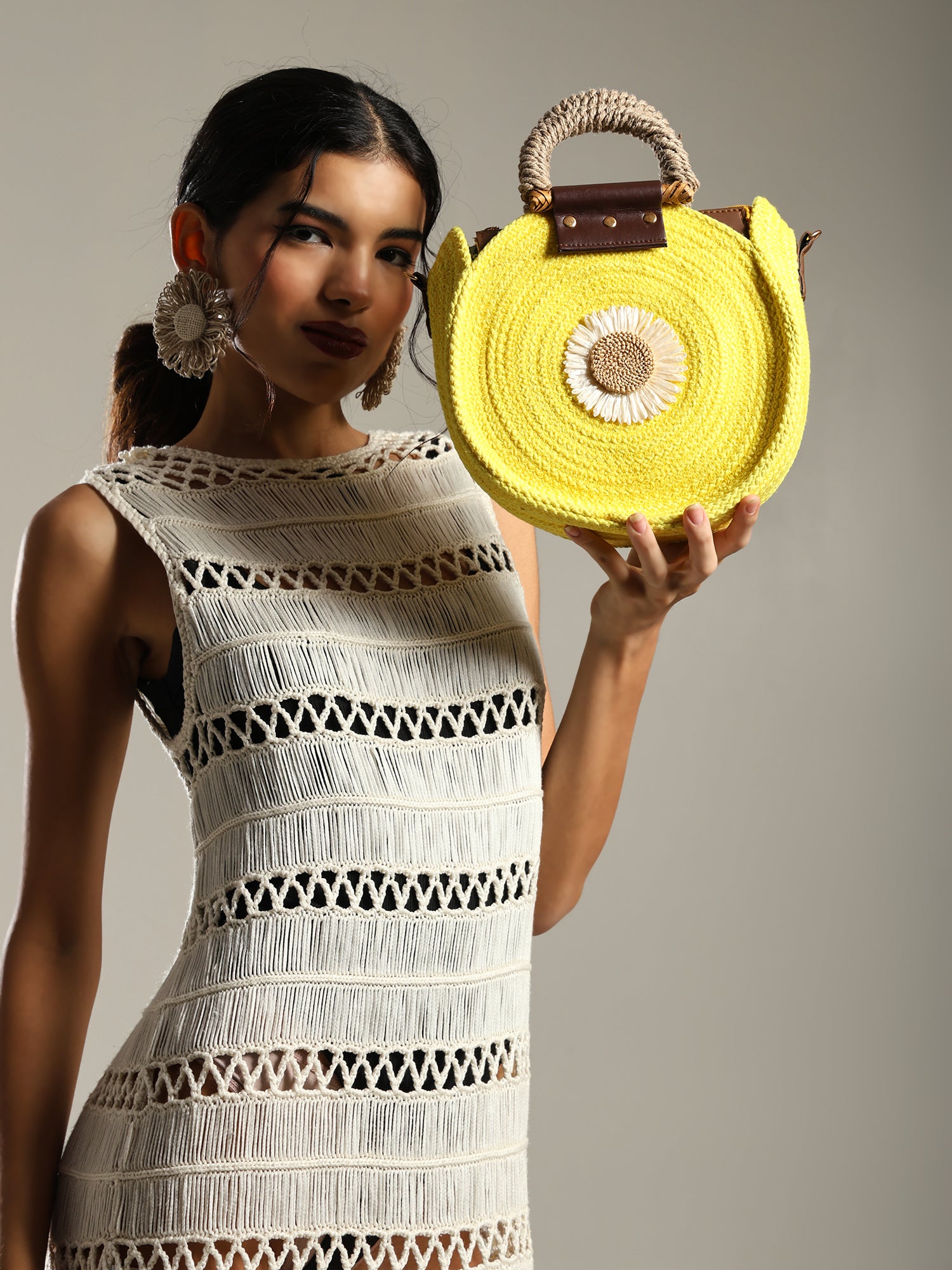 ENSAC Women’s Crochet Style Sling Bag | Handmade Round Bag with Artistic Floral Embroidery