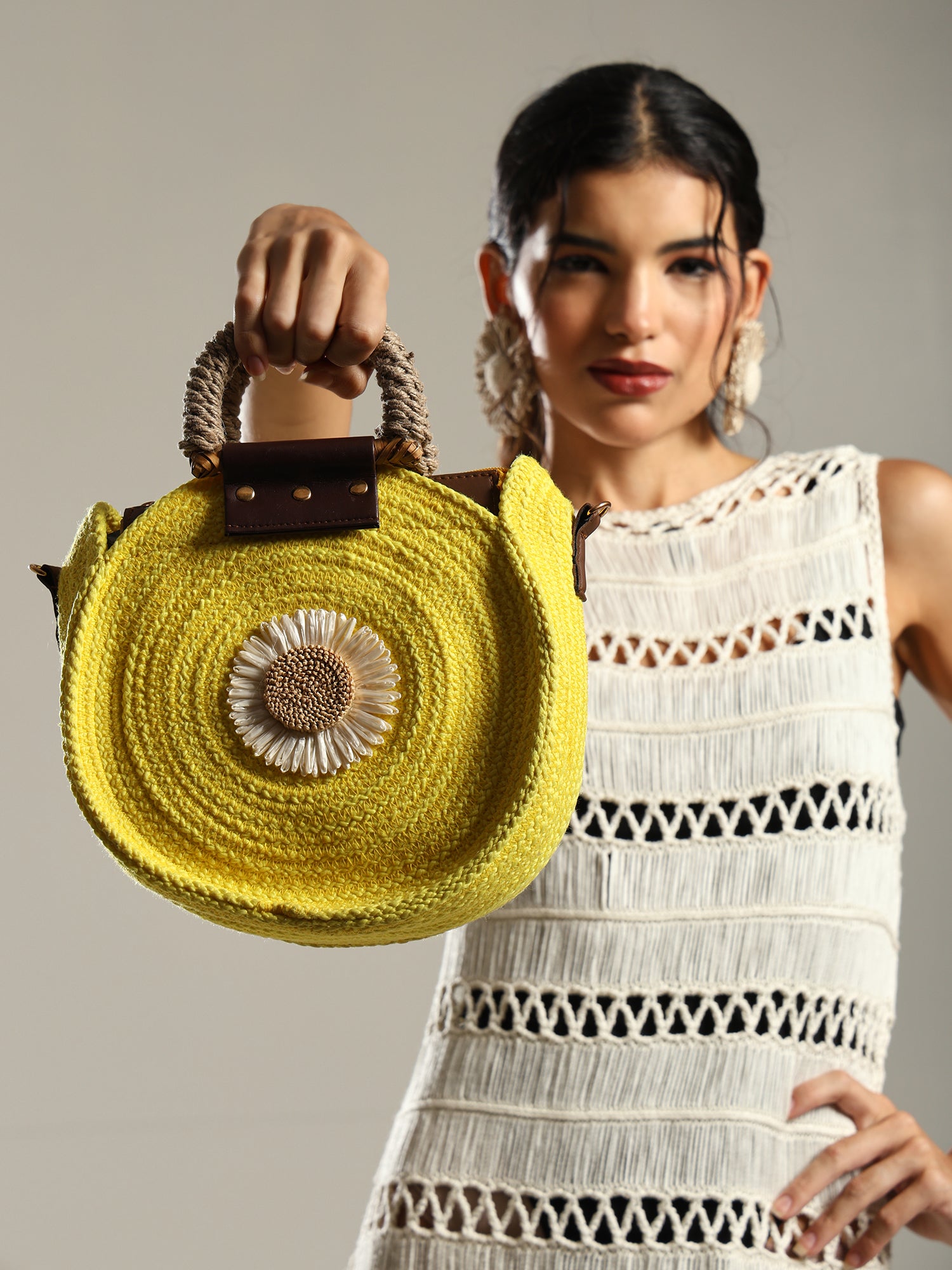 ENSAC Women’s Crochet Style Sling Bag | Handmade Round Bag with Artistic Floral Embroidery