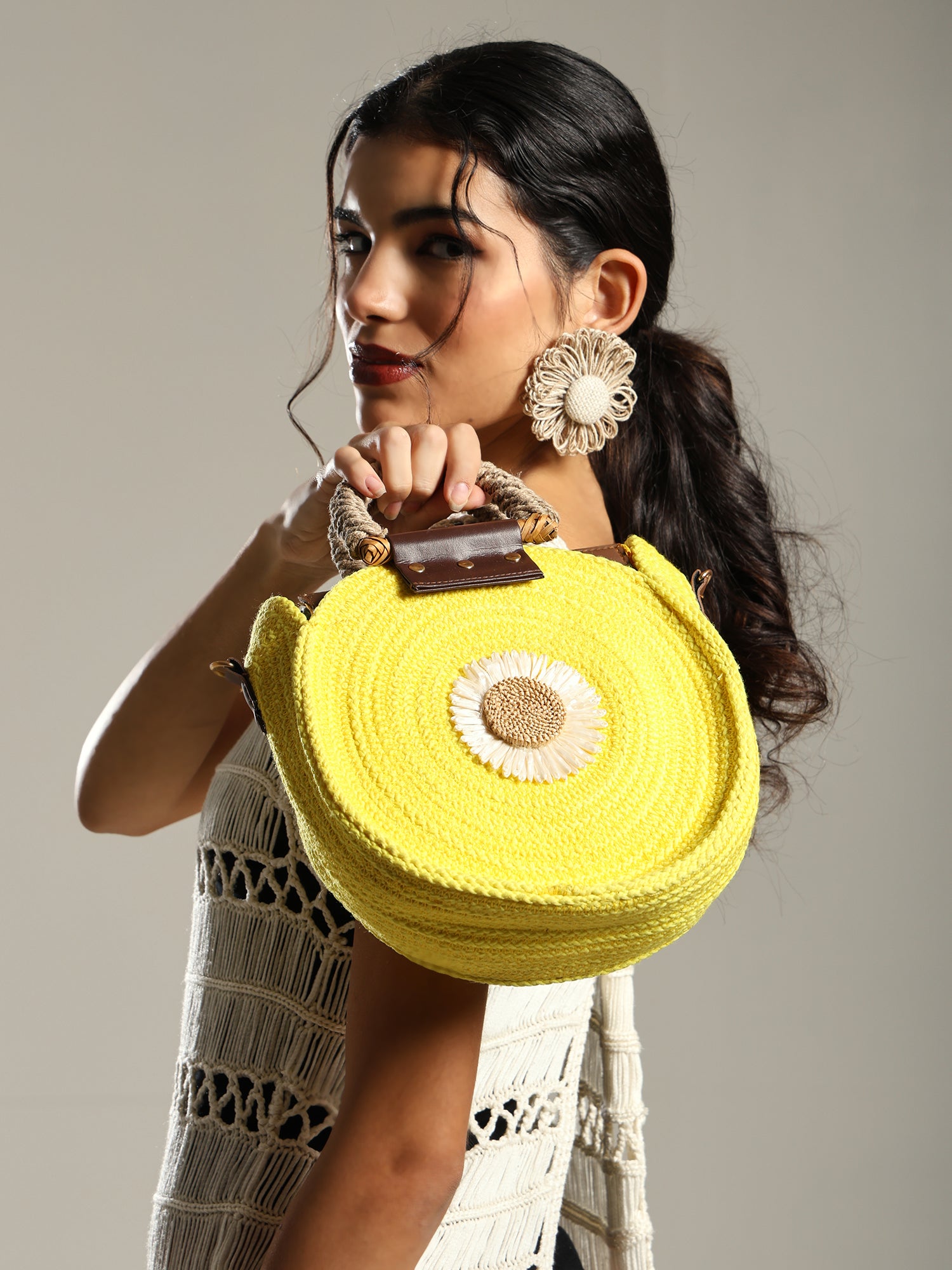 ENSAC Women’s Crochet Style Sling Bag | Handmade Round Bag with Artistic Floral Embroidery