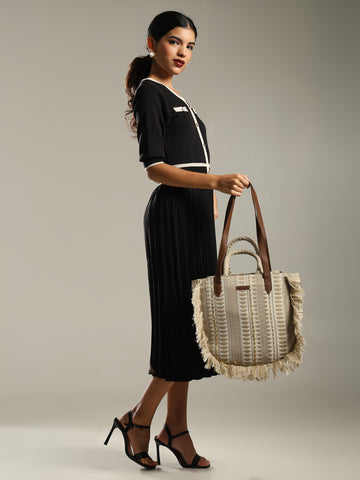 ENSAC cotton Boho Ruffle Style Silver Tote bag for women & girls