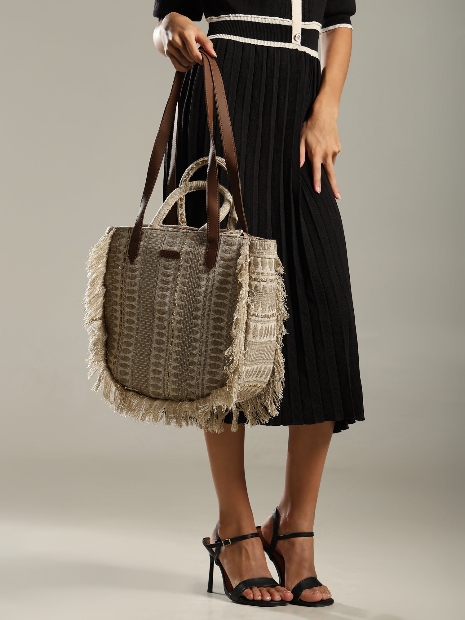 ENSAC cotton Boho Ruffle Style Silver Tote bag for women & girls