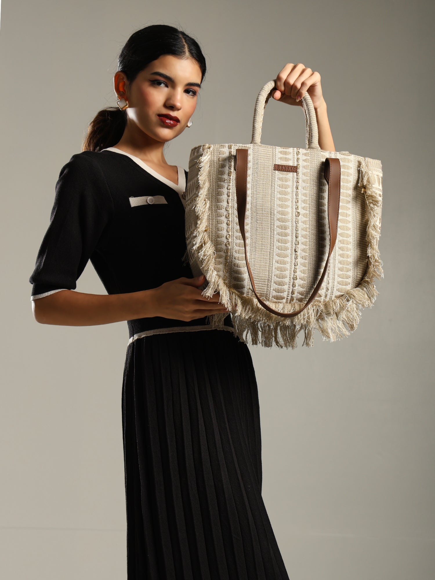 ENSAC cotton Boho Ruffle Style Silver Tote bag for women & girls