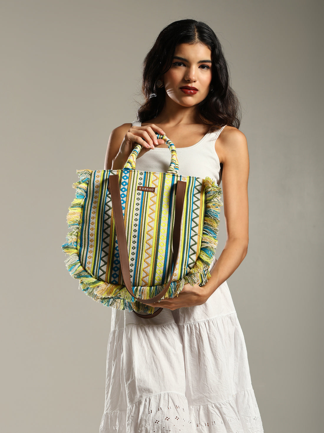 ENSAC cotton Boho Ruffle Style Green Tote bag for women & girls