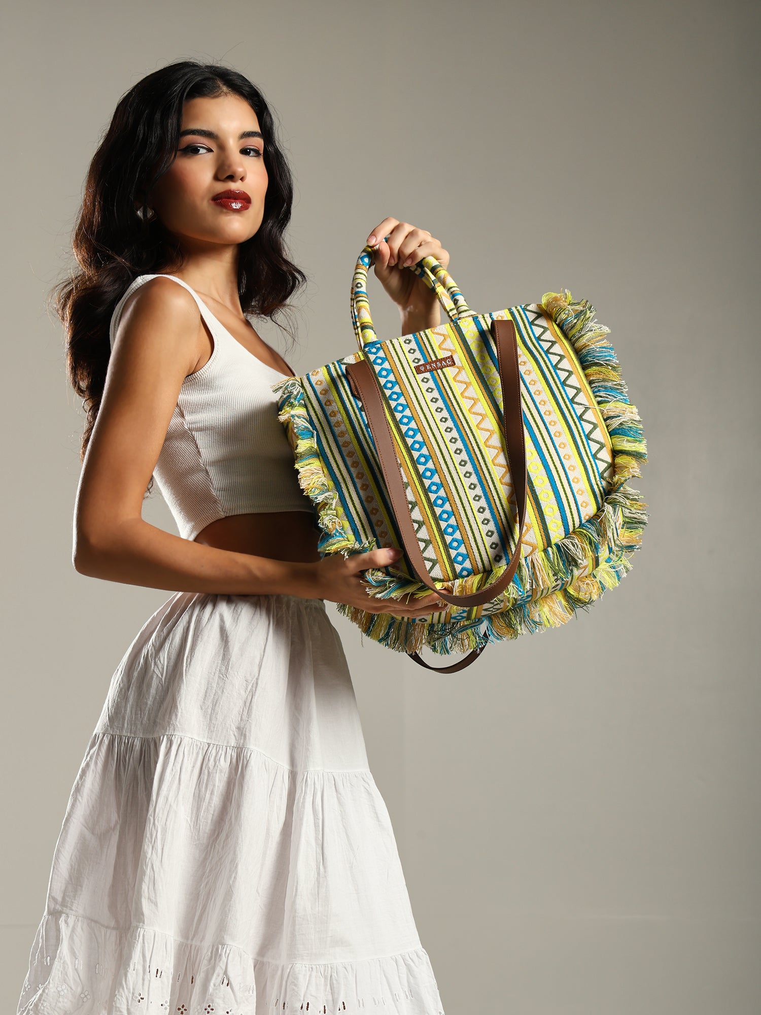 ENSAC cotton Boho Ruffle Style Green Tote bag for women & girls