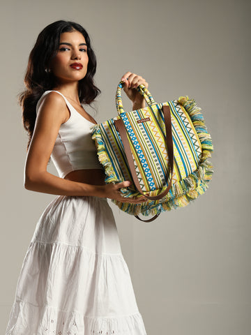 ENSAC cotton Boho Ruffle Style Green Tote bag for women & girls
