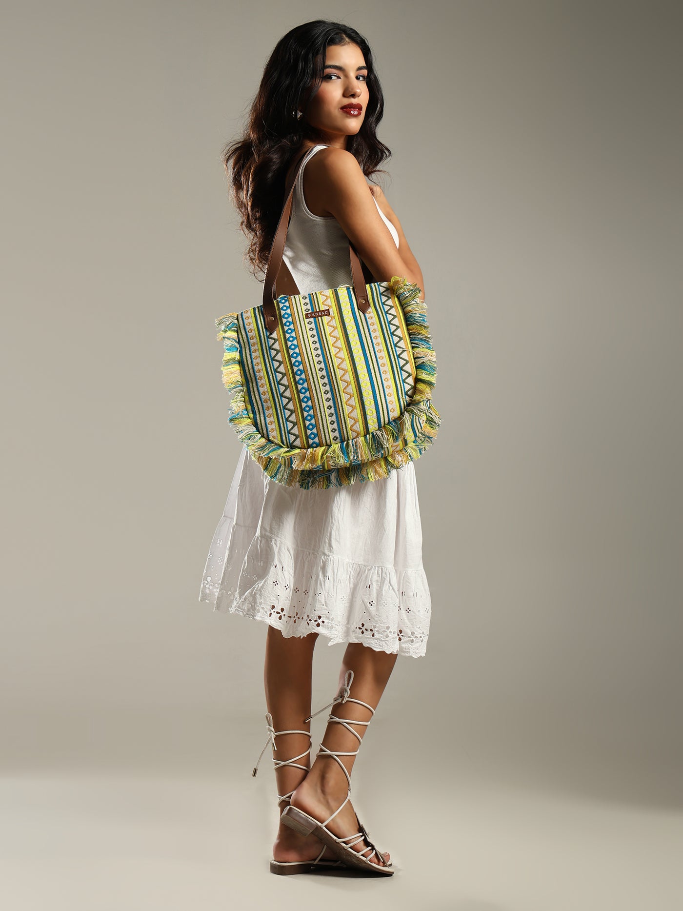 ENSAC cotton Boho Ruffle Style Green Tote bag for women & girls