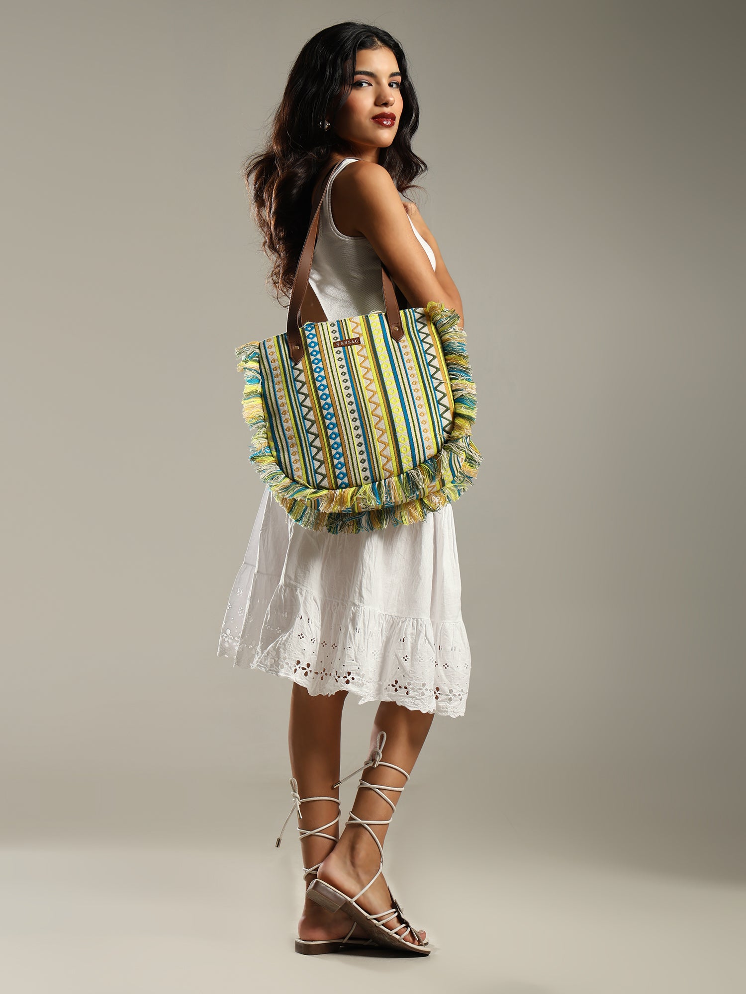 ENSAC cotton Boho Ruffle Style Green Tote bag for women & girls