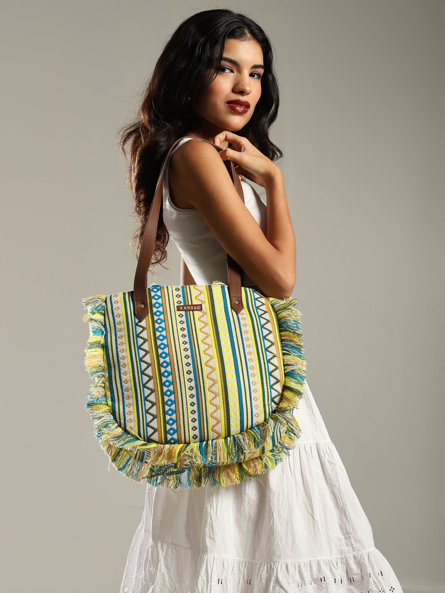 ENSAC cotton Boho Ruffle Style Green Tote bag for women & girls