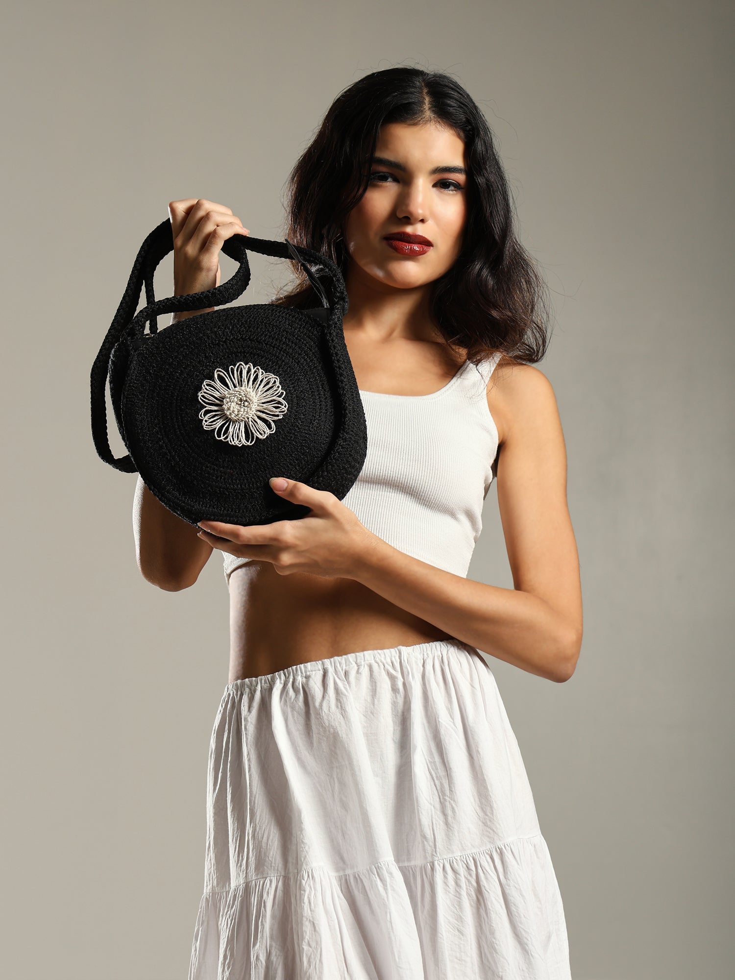 ENSAC Women’s Crochet Style Sling Bag | Handmade Round Bag with Artistic Floral Embroidery (Copy)