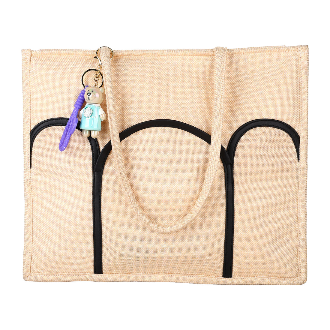 Beige Canvas Tote with Black Arch Pockets – Everyday Large Shopper for Women