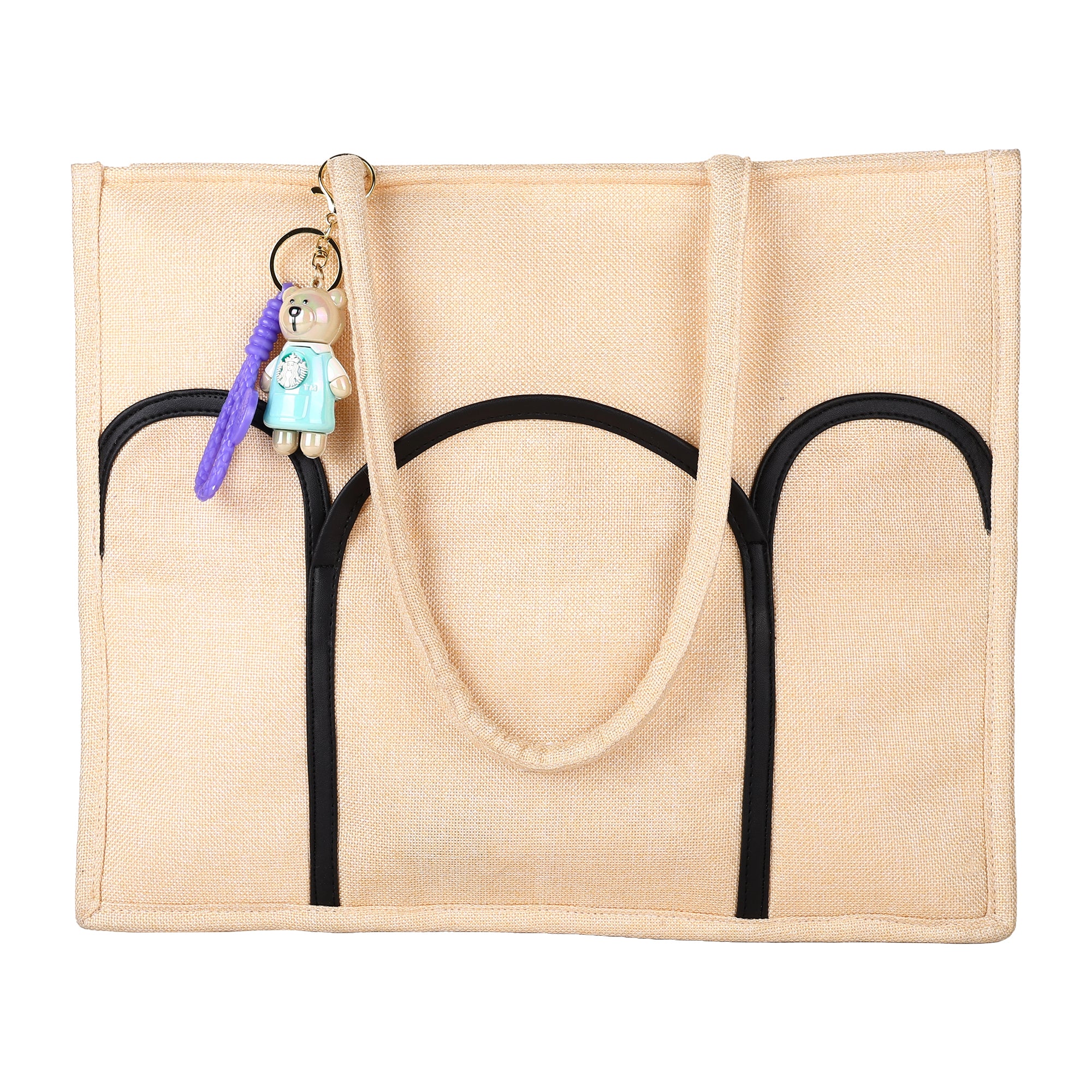Beige Canvas Tote with Black Arch Pockets – Everyday Large Shopper for Women