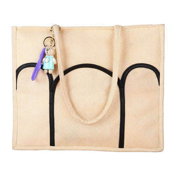 Beige Canvas Tote with Black Pockets | Women Shopper Bag ensacworld