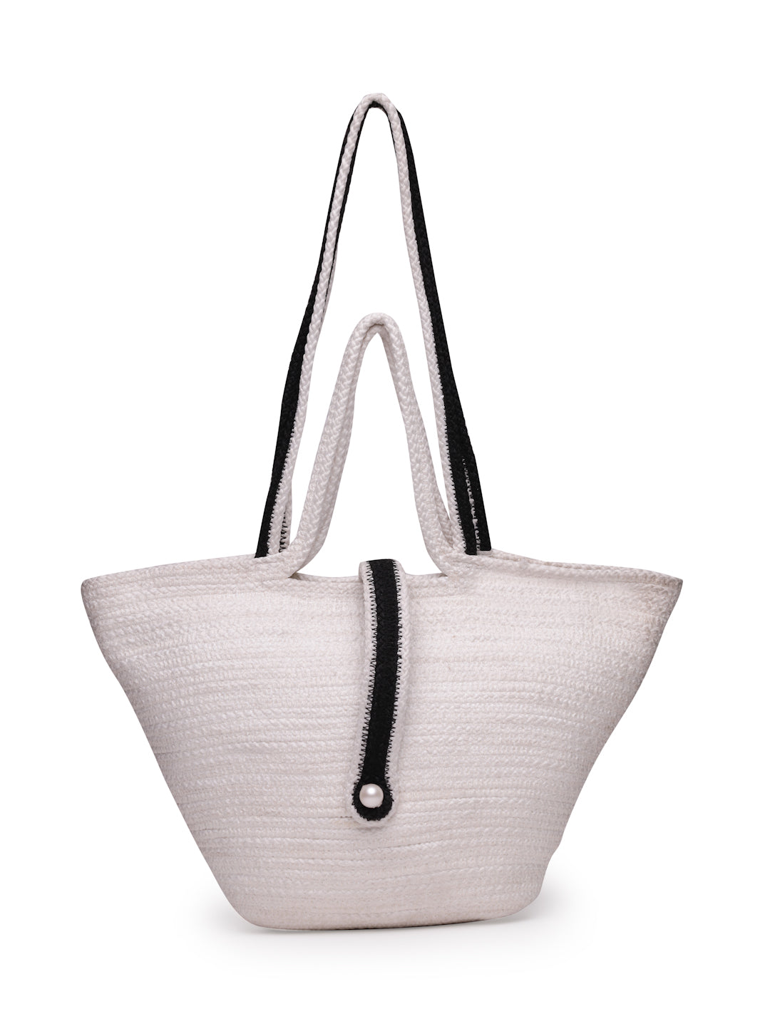 Ensac Designer Woven Ladies Handbag | Satchel with Elegant Pearl Detail & Handle-JUTEROPE-TOTE-BOATPEARL-BEIGEBLK-1