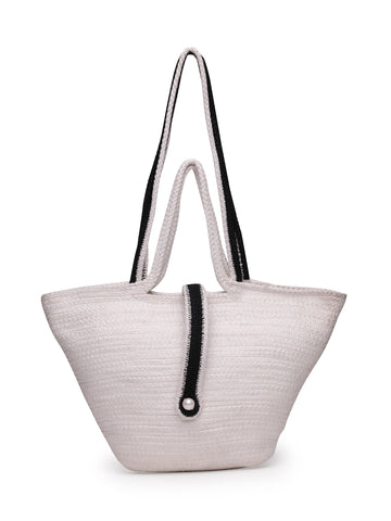 Ensac Designer Woven Ladies Handbag | Satchel with Elegant Pearl Detail & Handle-JUTEROPE-TOTE-BOATPEARL-BEIGEBLK-1