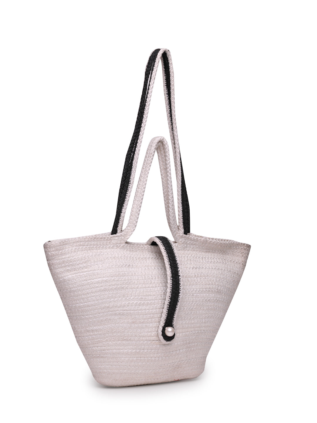 Ensac Designer Woven Ladies Handbag | Satchel with Elegant Pearl Detail & Handle-JUTEROPE-TOTE-BOATPEARL-BEIGEBLK-1