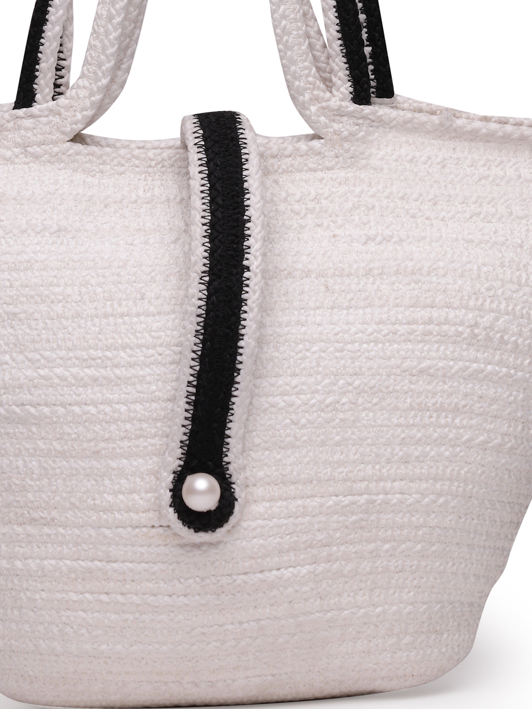 Ensac Designer Woven Ladies Handbag | Satchel with Elegant Pearl Detail & Handle-JUTEROPE-TOTE-BOATPEARL-BEIGEBLK-1