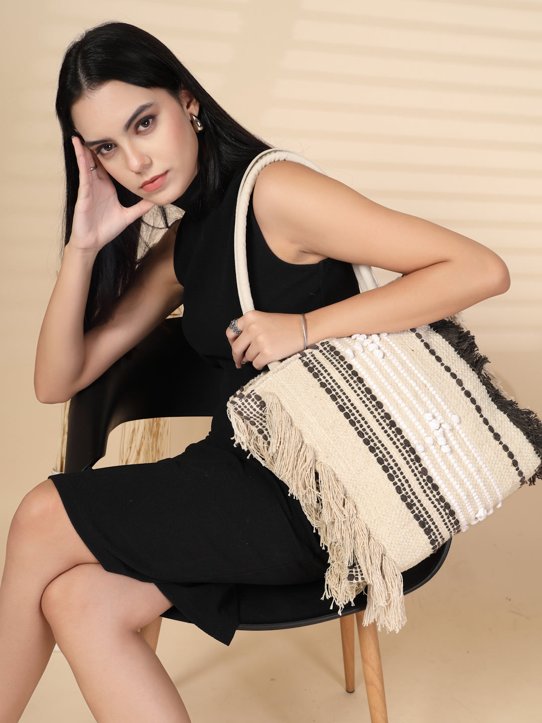 Ensac Boho Tote Bag for Women | Woven Texture with Fringe & Striped Design