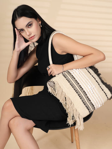 Ensac Boho Tote Bag for Women | Woven Texture with Fringe & Striped Design