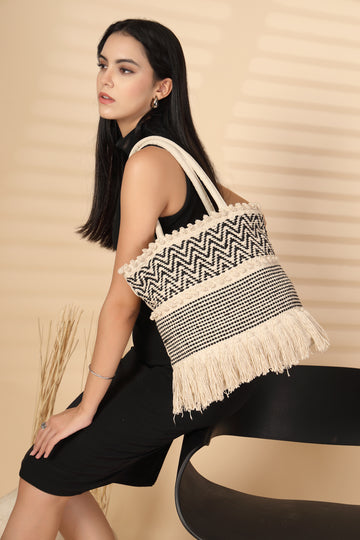Ensac Women’s Boho Fringe Tote Bag | Woven Shoulder Bag for Versatile Styling