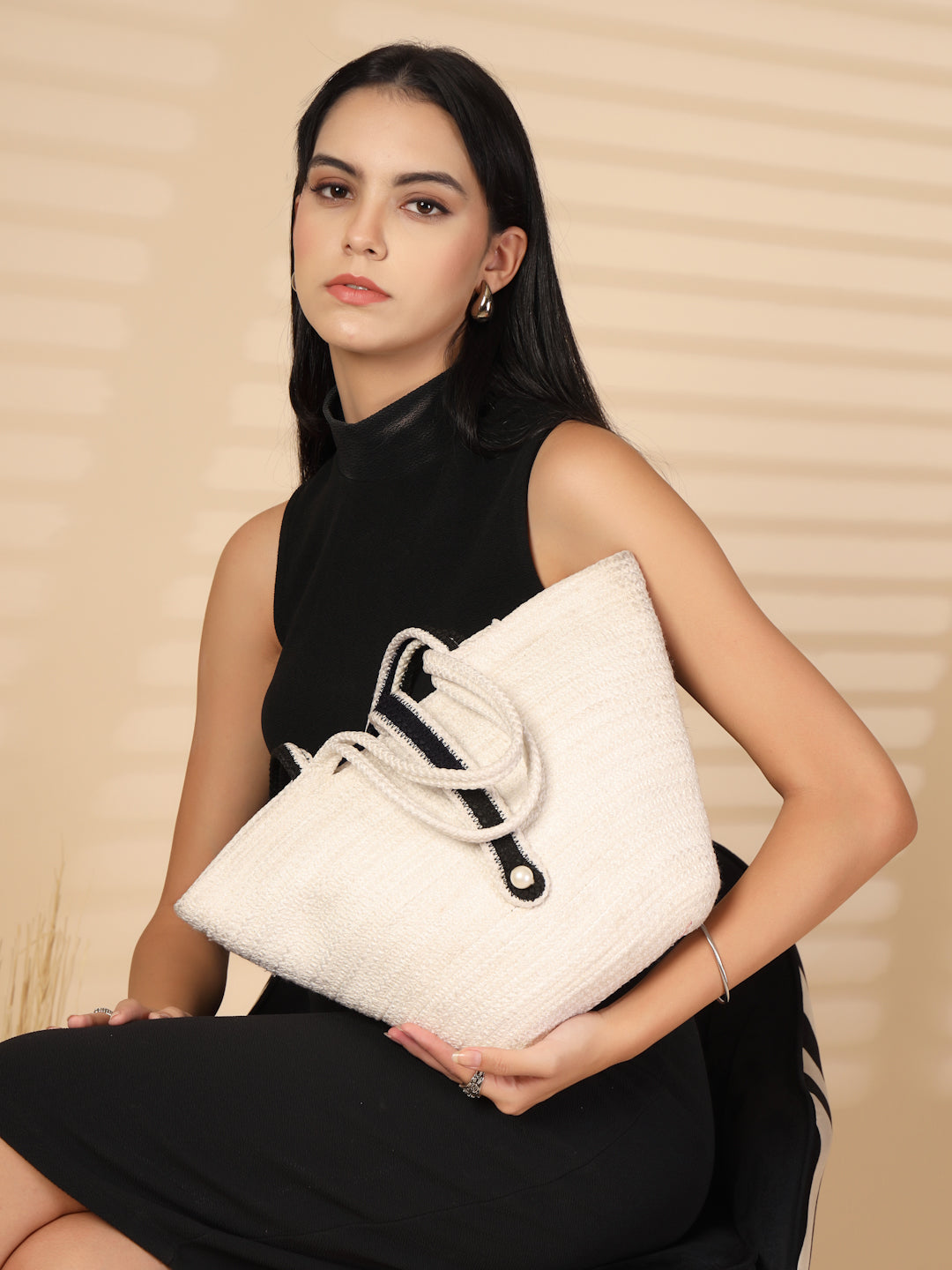 Ensac Designer Woven Ladies Handbag | Satchel with Elegant Pearl Detail & Handle-JUTEROPE-TOTE-BOATPEARL-BEIGEBLK-1