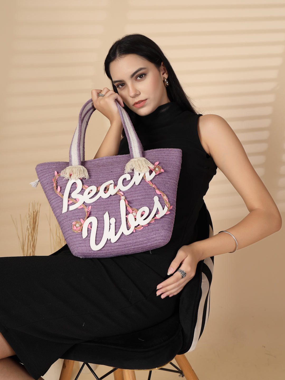 Ensac Women’s Beach Vibes Tote Bag | Stylish Summer Handbag for Travel & Outing-JUTEROPE-TOTE-BEACHVIBES-PURPLE-1